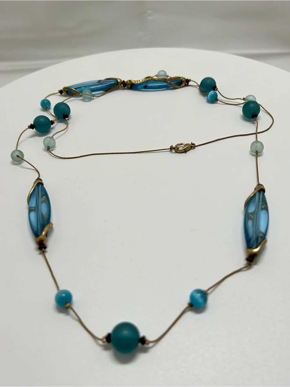 Vintage, Gold And Caged Clear Blue Lucite Beaded Long Necklace, 90’s